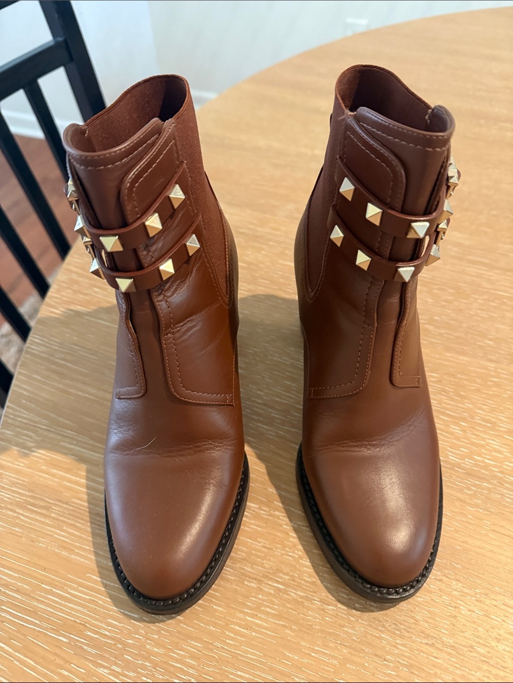 Women's Brown Leather Ankle Boots with Gold Stud Straps